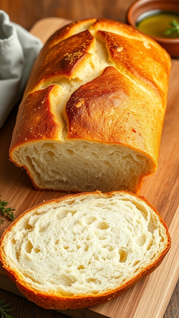 Homemade Gluten-Free Bread Recipe A golden brown gluten-free bread loaf sliced on a wooden board, showcasing its soft interior.